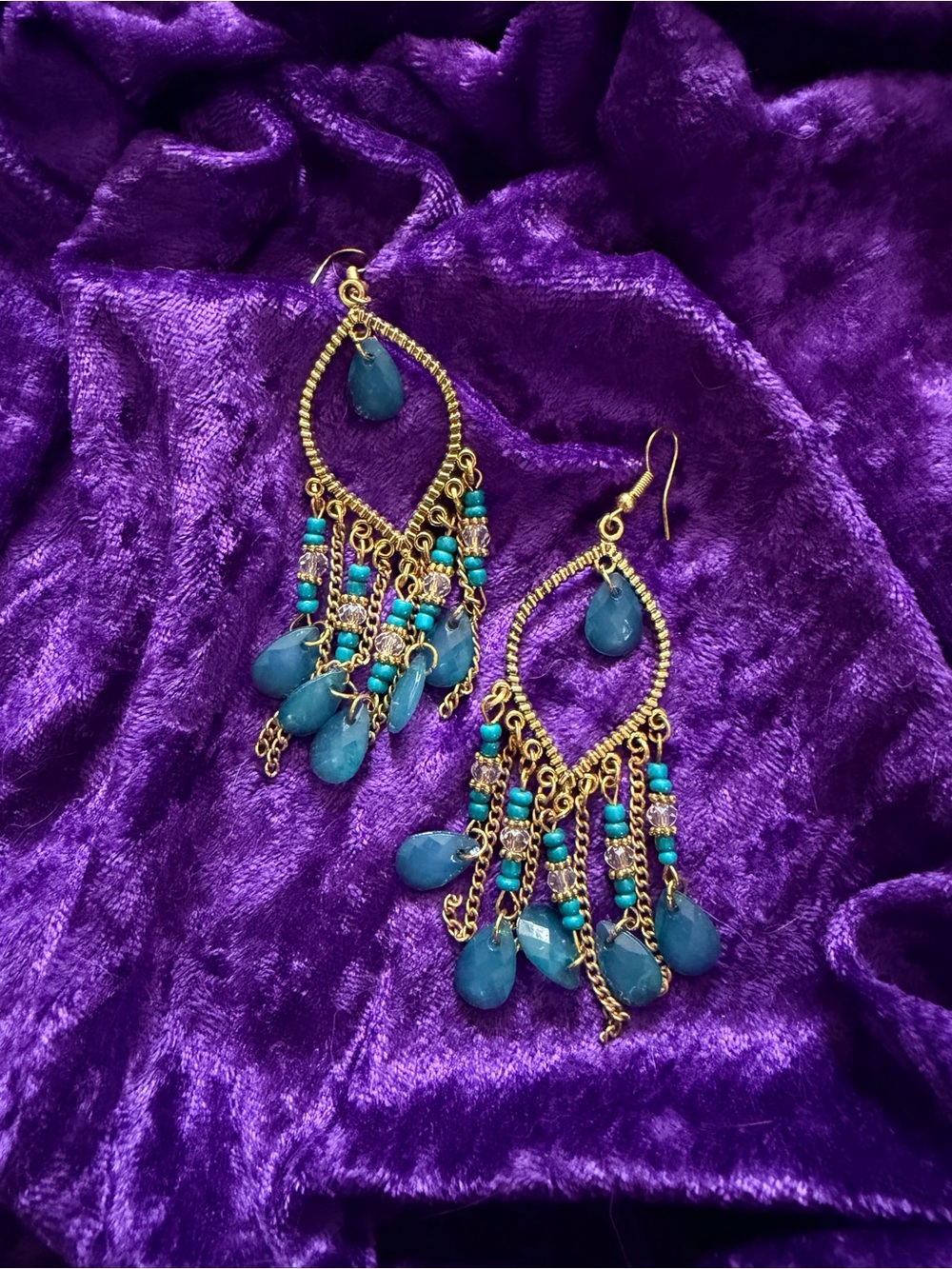 Gold and turquoise Beaded Dangle Earrings
